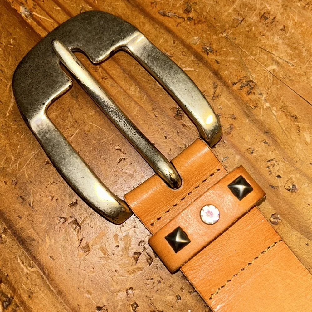 STREETS AHEAD Sz L jewel adorned leather belt large silver buckle made in Italy